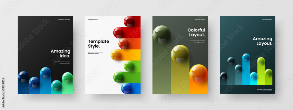 Simple realistic spheres pamphlet concept set. Abstract cover A4 vector design illustration collection.