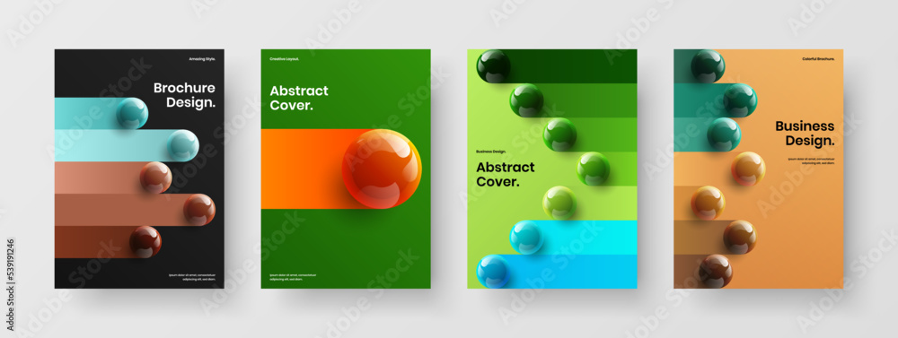 Abstract realistic spheres brochure concept bundle. Isolated booklet design vector illustration set.
