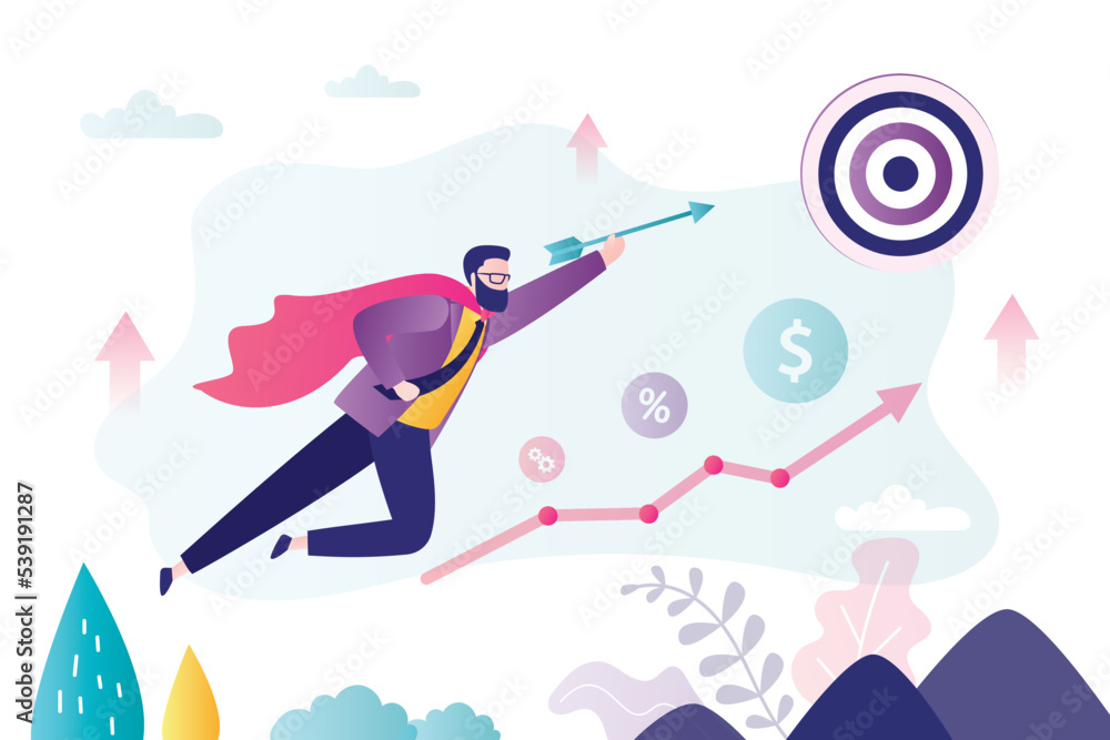Businessman looking like super hero flies and holds arrow. Male worker trying to hit target. Achieving goals, overcoming obstacles. High performance at work. Leadership. Growing profit graph.