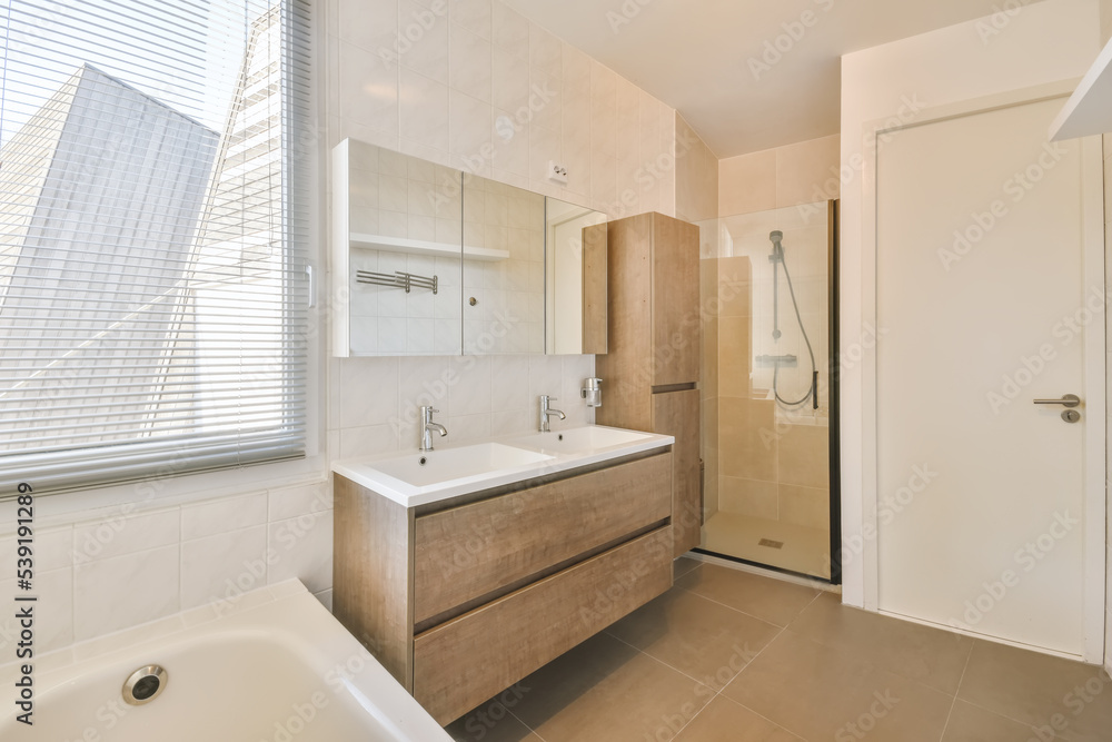 Contemporary bathroom with shower cabin bathtub and sinks in sunlight Contemporary bathroom with shower cabin bathtub and sinks in sunlight
