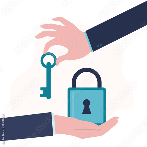 Entrepreneur hand holds closed padlock, another businessman gives a key. Help in solving problems. Unlocking new skills and abilities. Business development, mentor helps beginner.