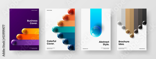 Modern realistic spheres magazine cover template set. Abstract leaflet A4 vector design illustration composition.