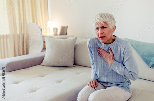 Senior adult elderly women sit on bed with chest pain suffering from heart attack in the bedroom.Healthcare and medical concept. © Jelena Stanojkovic