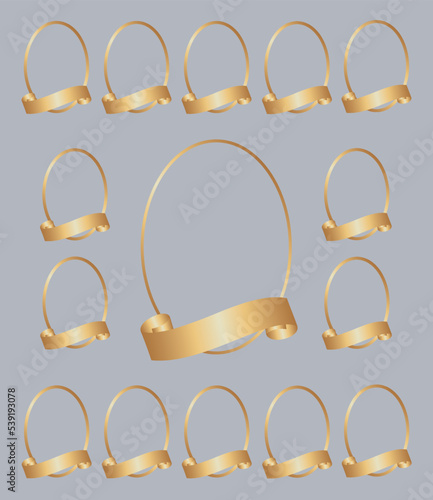 Set of ellipse photo frames with golden curved ribbons for text. 15 empty oval vignettes for portraits. Mockup for graduations, holidays, congratulations, photo albums, collages. EPS 10.