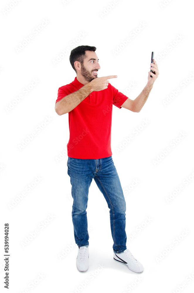 Caucasian man take selfie pointing at mobile phone. Isolated on white background. Studio shot Caucasian man take selfie pointing at mobile phone. Isolated on white background. Studio shot