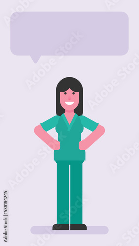 Nurse woman keeps hands on hips and smiles