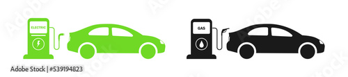 Gasoline car and electric car at the refueling station . Car charging at the charger station. Eco car . Auto refueling petrol at the gas station. ecology transport concept vector illustration