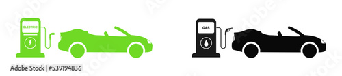 Gasoline car and electric car at the refueling station . Car charging at the charger station. Eco car . Auto refueling petrol at the gas station. ecology transport concept vector illustration