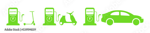 Gasoline car and electric car at the refueling station . Car charging at the charger station. Eco car . Auto refueling petrol at the gas station. ecology transport concept vector illustration