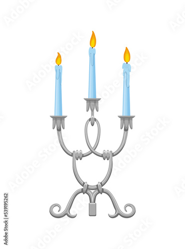 Candlestick. Vintage candelabrum with burning wax candle flame. Elegant old-fashioned holder or metallic lamp icon illustration for interior design. Antique candle © the8monkey