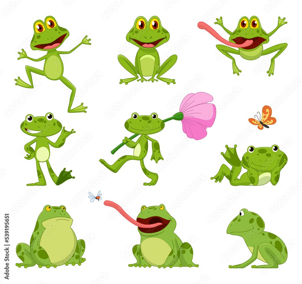 Fototapeta premium Funny cartoon frog collection. Little amphibian characters sitting and jumping on white background. Adorable froggys smiling and catching fly with tongue