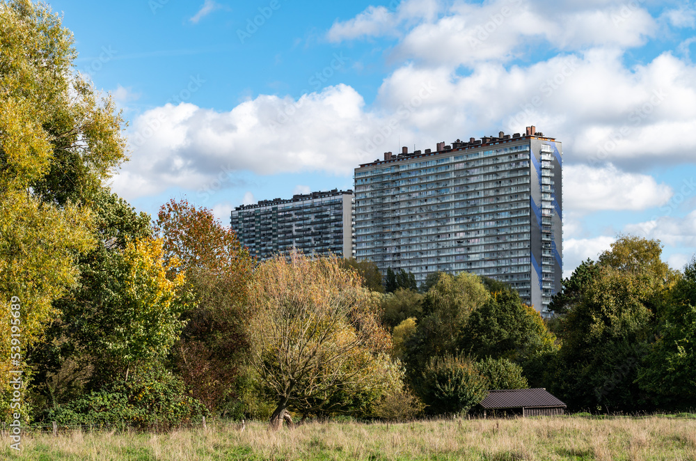 Molenbeek, Brussels Capital Region, Belgium, View over the Scheutbos urban park and high rise apartment blocks Molenbeek, Brussels Capital Region, Belgium, View over the Scheutbos urban park and high rise apartment blocks