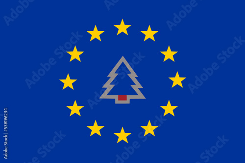Against the background of the EU flag, a Christmas tree in the form of an uncharged battery. Energy crisis and electricity inflation concept