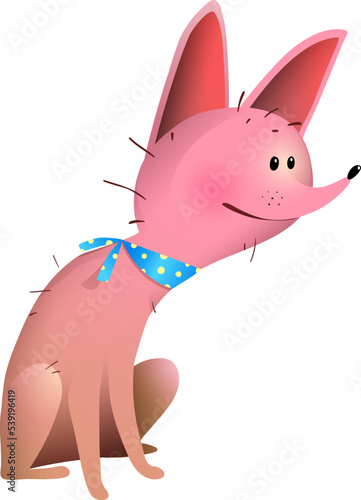 Funny bald little dog, hairless pink skin puppy, hilarious pup illustration for children. Vector dog graphics.