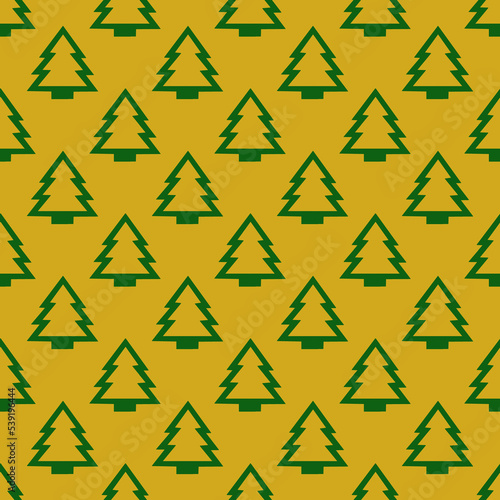 Pattern from green Christmas trees on a yellow background. Background for New Year and Christmas