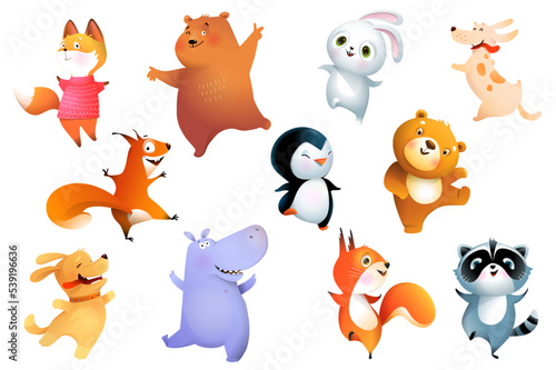Cute Happy Dancing Jumping animals collection for kids. Hippo bear and fox  funny puppy raccoon and squirrels dancing and laughing. Vector Clipart bundle for children with cute zoo and pets.