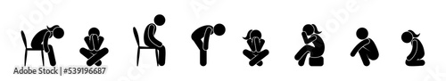 sitting people, man and woman icon set, stick figure human silhouette isolated on white