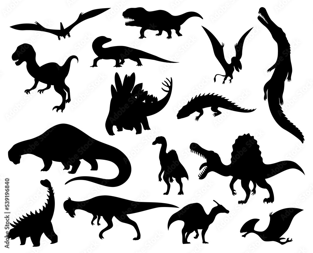 Dinosaur silhouettes set. Dino monsters icons. Shape of real animals. Sketch of prehistoric reptiles. illustration isolated on white. Hand drawn sketches