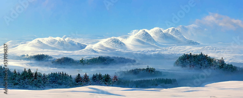 scenic winter nature landscape, snowy mountains.