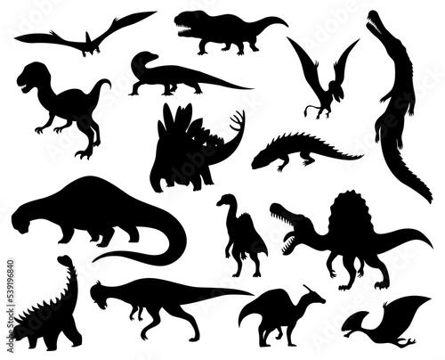 Dinosaur silhouettes set. Dino monsters icons. Shape of real animals. Sketch of prehistoric reptiles. illustration isolated on white. Hand drawn sketches
