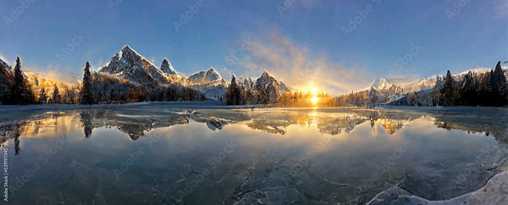 sunrise in winter mountains, mountain reflected in ice