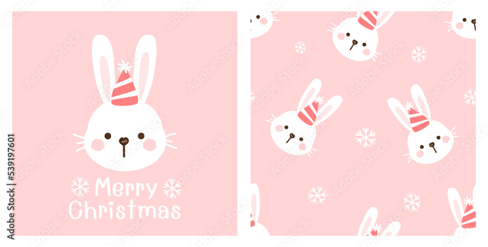 Seamless pattern with rabbit face, new year hat and snowflakes on pink background vector. Christmas card with rabbit cartoon. Seamless pattern with rabbit face, new year hat and snowflakes on pink background vector. Christmas card with rabbit cartoon.