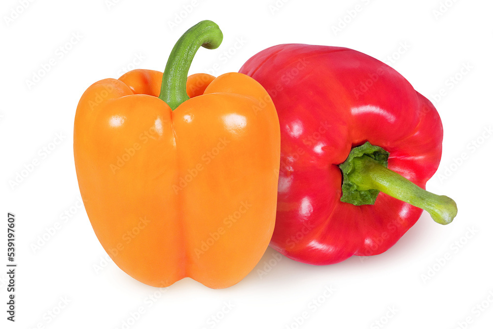 Red and orange peppers on an isolated white background. 