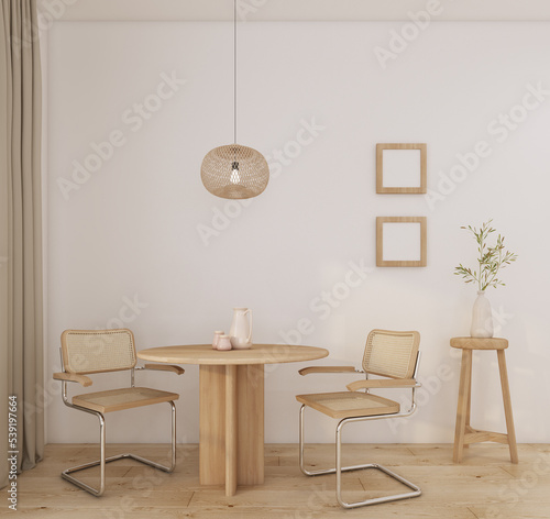 3d rendering home interior dining room with rattan chair and wood table,vase with plant,pendant lamp,curtain,bar chair,ceramic,empty frame and wood floor 3d render background