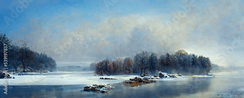 winter landscape of lake with misty surface, rocks.
