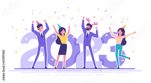 Happy business people at the Christmas and New Year's corporate party on the background with big numbers 2023. Positive men and women in party caps dancing and having fun. Modern vector characters.