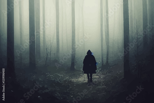 a dark ghostly figure moving through a misty forest