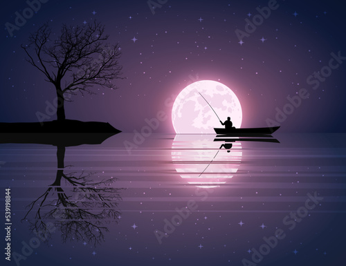 Full moon night in the sky and stars on the background of a calm lake, lagoon and tree, boat.  Night landscape Moonlight background with fisherman on a boat