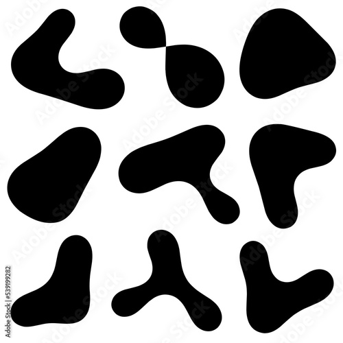 Random shape. Irregularly shaped black lumps. Abstract blotches, ink blotches and pebbles silhouette, simple liquid amorphous splodge elements water shape creative minimal bubbles rock vector set.