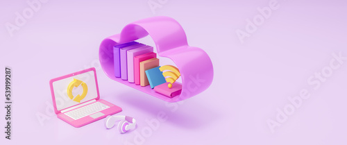 E-learning, online education and training courses, cloud data storage concept, clouds connected documents, internet distant training and courses on learning or educational platform. 3d rendering