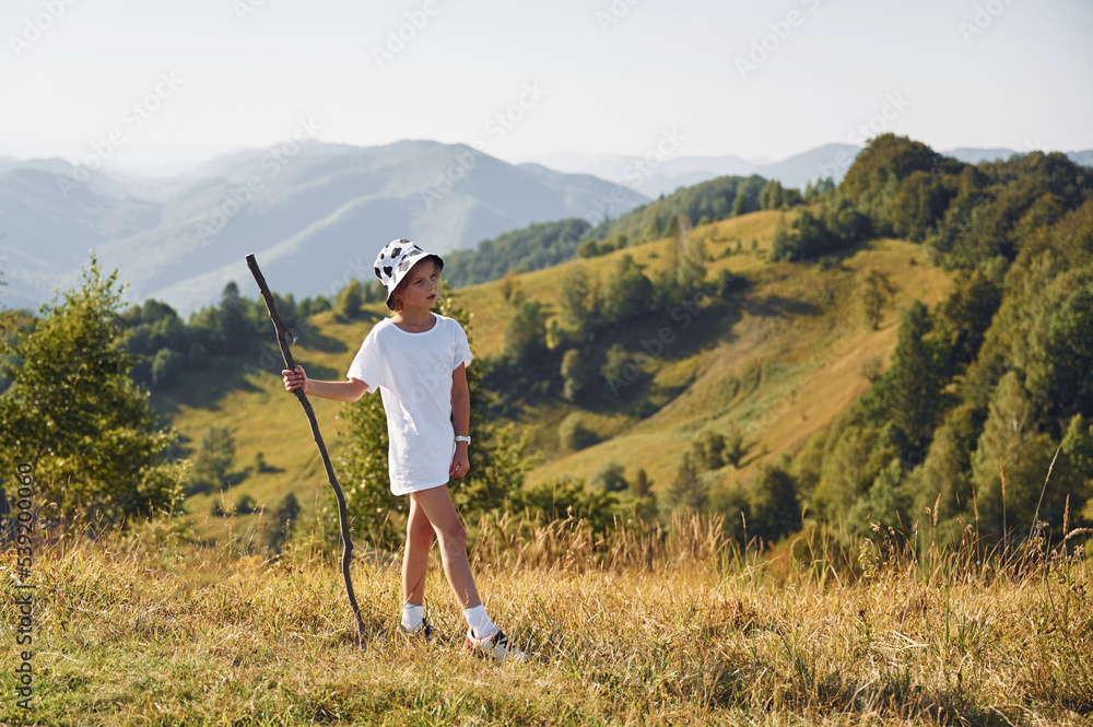 Girl is hiking in the Carpathian mountains in Ukraine. Holding wooden stick in hand