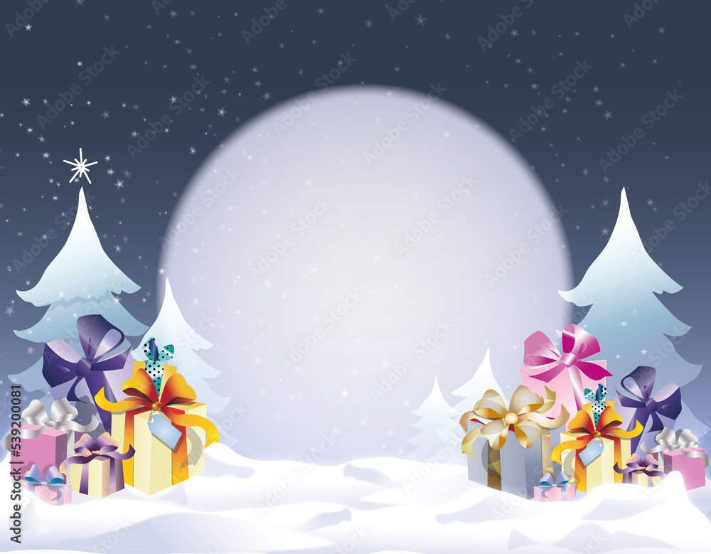Décor nature hiver fêtes de noël -sapins bleus et cadeaux dans la neige -ciel-ciel étoilé avec pleine lune