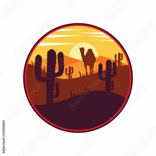 vector illustration of a twilight desert landscape logo in a round shape, with cactus, camel and desert images, great for t-shirts, stickers, banners, labels and other necessities