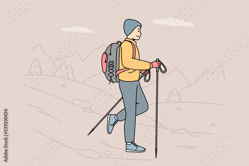 Guy with backpack, poles for Nordic walking going at nature. Man engaged in camping, tourism, travelling. Backpacking trip. Healthy, active lifestyle. Vector contour line colorful illustration.