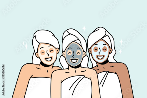 Girls in head and body towels, cosmetic face masks smiling. Women in hair wraps have beauty treatment in spa, sauna. Facial skincare female routine, anti-aging procedure. Vector outline illustration.