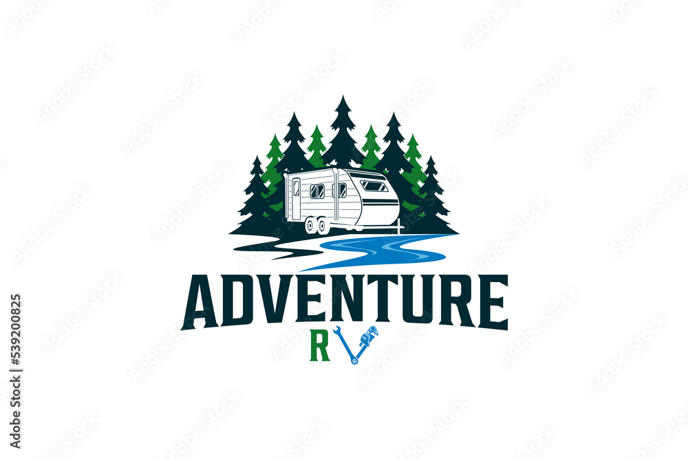 Recreational Vehicle logo design holiday journey traveler river lake car trailer