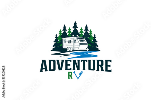 Recreational Vehicle logo design holiday journey traveler river lake car trailer