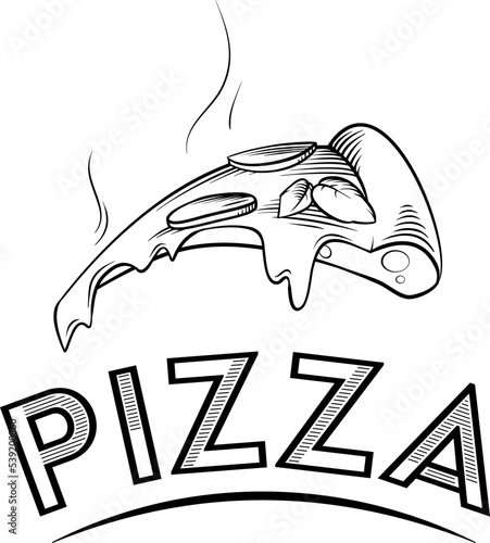 Uncolored logo icon of a napoletan style margarita pizza slice with hot melted mozzarella cheese, fresh basil and delicious tomato sauce for logo sign