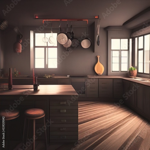 interior of a kitchen, fanasy A Cozy Modern kitchen room interior photo