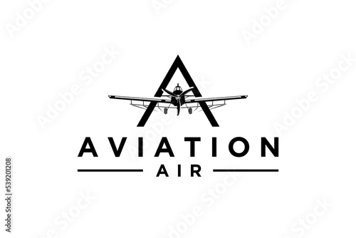 Agricultural aircraft logo design modern farming technology sprayer pesticide plane initial letter A icon symbol