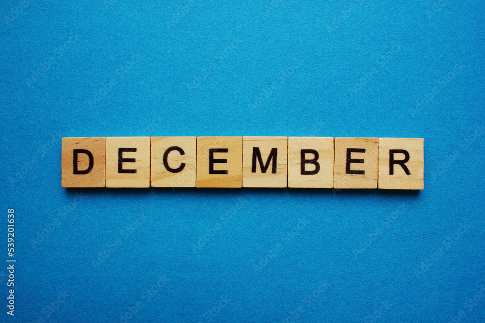 The word December is made of wooden cubes. The name of the months. Winter months. Copy space. Blue background The word December is made of wooden cubes. The name of the months. Winter months. Copy space. Blue background
