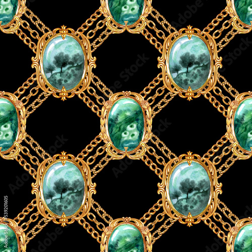 Seamless pattern of oval brooches and chains arranged in rhombuses on a black background, watercolor illustration, print for fabrics and other surfaces.