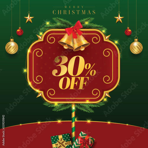 Festive offer unit on  sign board . Christmas Offer unit with golden bells, gift boxes and baubles.