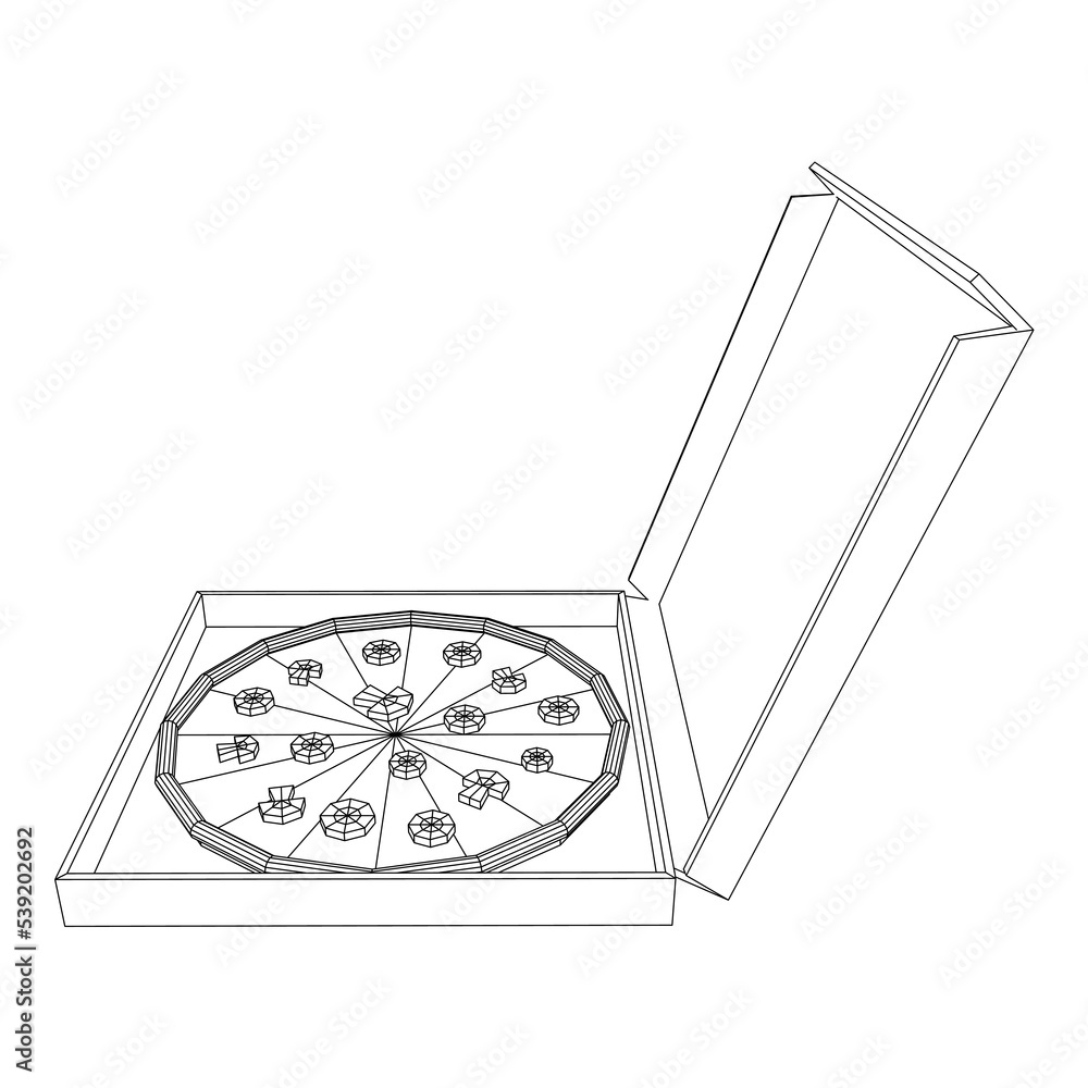 Fresh pizza in box. Wireframe vector Fresh pizza in box. Wireframe vector
