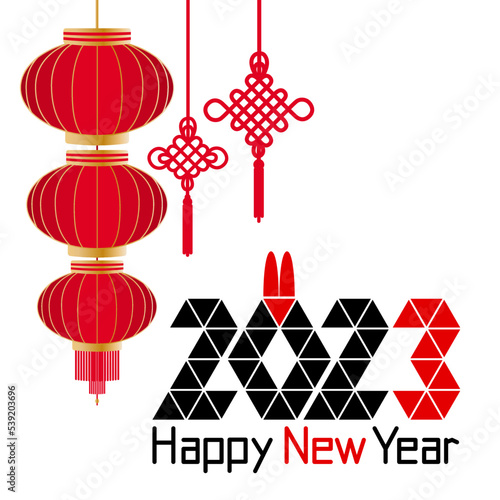 2023 chinese new year, year of the rabbit, date and rabbit ears, chinese lantern, chinese knot of happiness and good luck