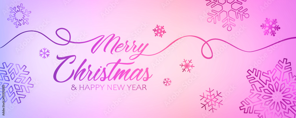 Festive pink and blue banner with text Merry Christmas and Happy New Year and beautiful snowflakes. Greeting card, banner, poster, background for New Year and Christmas.